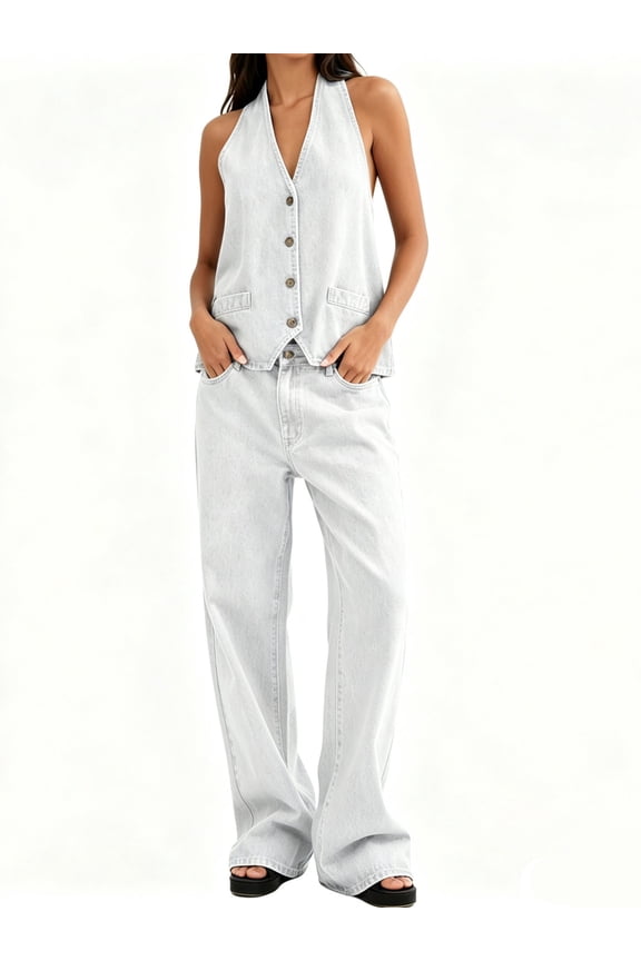 Women Two Piece Denim Set Button Down Backless Tank Top and Wide Leg Jeans 2 Piece Outfit Suits