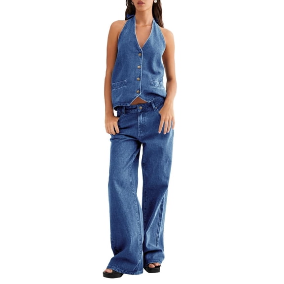 Women Two Piece Denim Set Button Down Backless Tank Top and Wide Leg Jeans 2 Piece Outfit Suits
