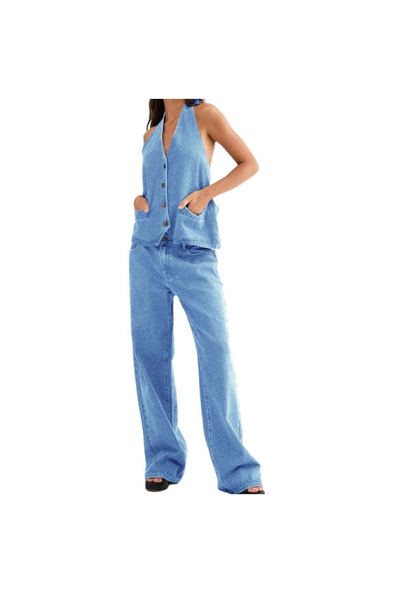 Women Two Piece Denim Set Button Down Backless Tank Top and Wide Leg Jeans 2 Piece Outfit Suits