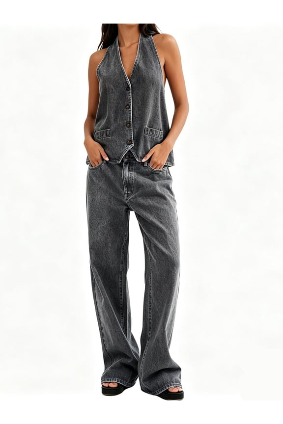 Women Two Piece Denim Set Button Down Backless Tank Top and Wide Leg Jeans 2 Piece Outfit Suits