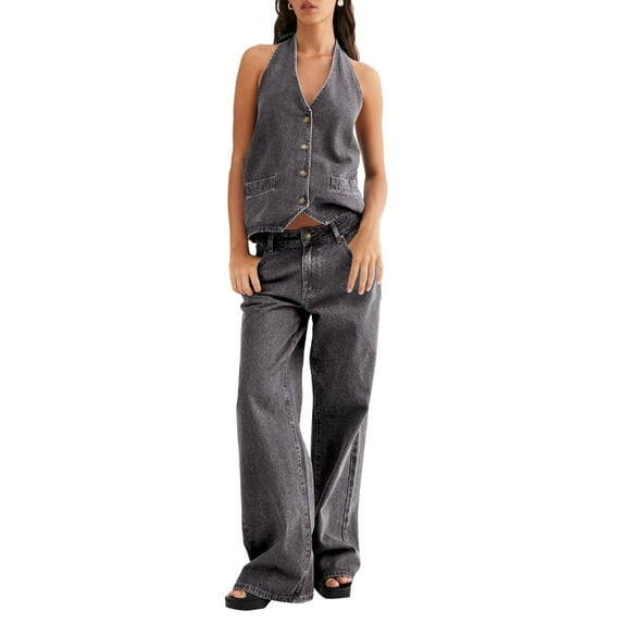 Women Two Piece Denim Set Button Down Backless Tank Top and Wide Leg Jeans 2 Piece Outfit Suits