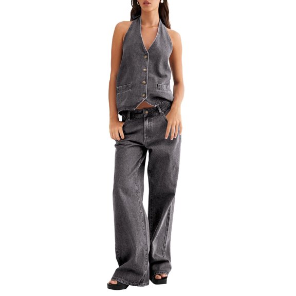 Women Two Piece Denim Set Button Down Backless Tank Top and Wide Leg Jeans 2 Piece Outfit Suits