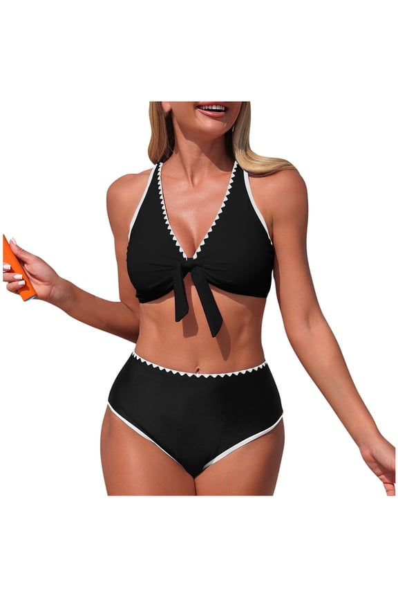 Women's Two Piece High Waisted Bikini Sets Halter Swimsuits Cross Tie Back Color Block Sporty Bathing Suits (S, Black)