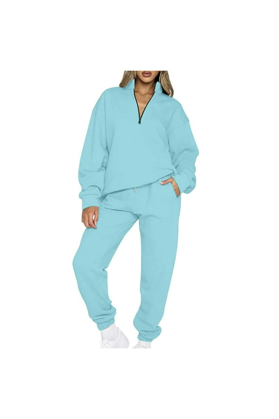 Women's Two Piece Jogger Outfits Quarter Zip Stand Collar Sweatshirts Drawstring Sweatpants Sets Loungewear Tracksuits