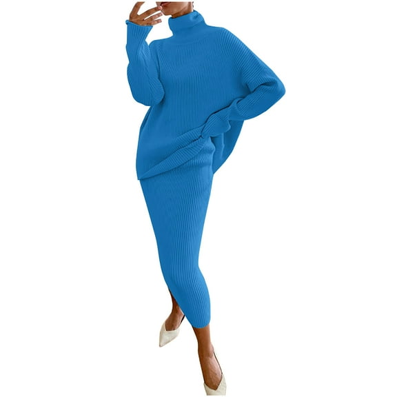 Women's Two Piece Knit Matching Outfits Crew Neck Long Sleeve Top and Pants Solid Color Slim Fit Fall Sets (Sky Blue L)