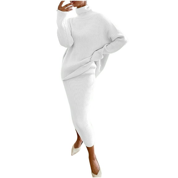 Women's Two Piece Knit Matching Outfits Crew Neck Long Sleeve Top and Pants Solid Color Slim Fit Fall Sets (White 3XL)