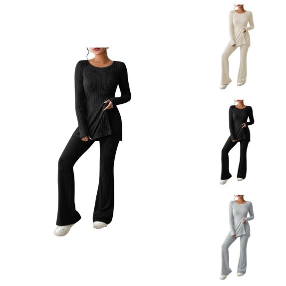 Women's Two Piece Knit Matching Outfits Crew Neck Slit Hem Tee And Pants Tracksuit Sets Women'S Capri Pants