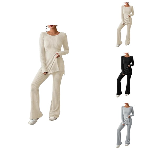 Women's Two Piece Knit Matching Outfits Crew Neck Slit Hem Tee And Pants Tracksuit Sets Women'S Casual Capris