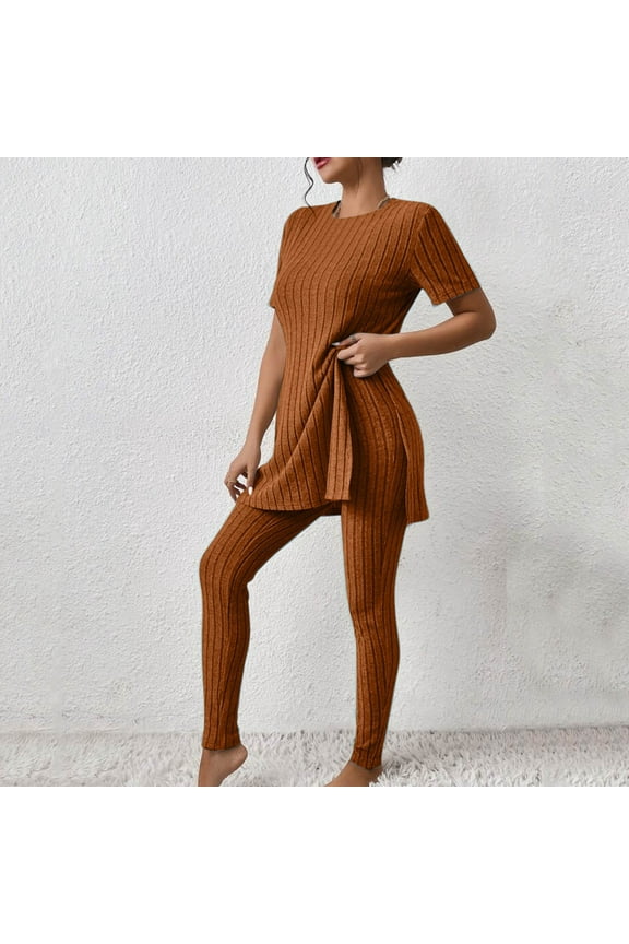 Women's Two Piece Knit Matching Outfits Crew Neck Slit Hem Tee And Pants Tracksuit Sets Features Formal Pants Suits for Women Evening Weddings Petite Womens Outfits Dressy Casual Suits for Women Work