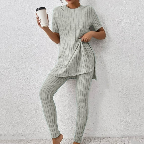 Women's Two Piece Knit Matching Outfits Crew Neck Slit Hem Tee And Pants Tracksuit Sets Features Formal Pants Suits for Women Evening Weddings Petite Womens Outfits Dressy Casual Suits for Women Work