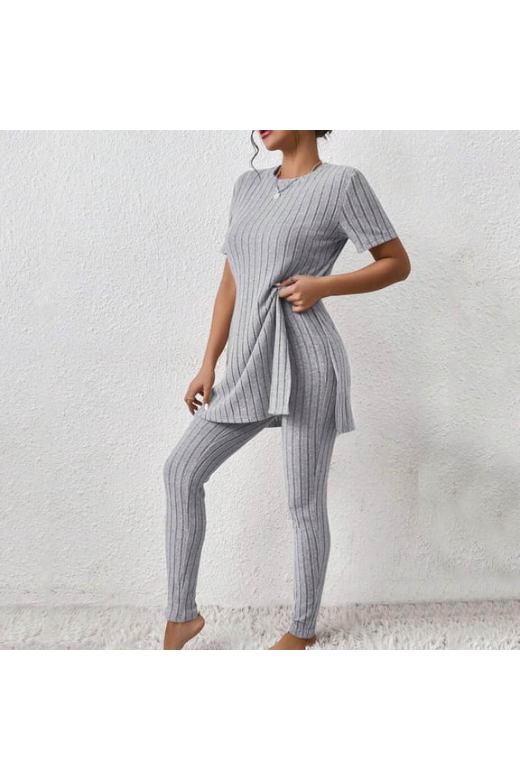Women's Two Piece Knit Matching Outfits Crew Neck Slit Hem Tee And Pants Tracksuit Sets Features: Ski Pants Woman Formal Jumpsuit Women's Ski Pants Wedding Pant Suits Petite Dresses for Women Elegant