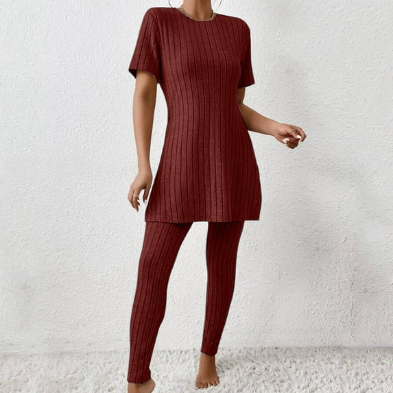 Women's Two Piece Knit Matching Outfits Crew Neck Slit Hem Tee And Pants Tracksuit Sets Features Women Fall Business Casual Outfits for Women Pant Suits for Women Dressy Wedding Guest Long Sleeve Pant