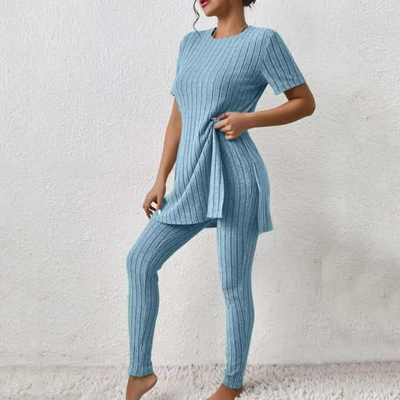 Women's Two Piece Knit Matching Outfits Crew Neck Slit Hem Tee And Pants Tracksuit Sets Features Women Fall Business Casual Outfits for Women Pant Suits for Women Dressy Wedding Guest Long Sleeve Pant