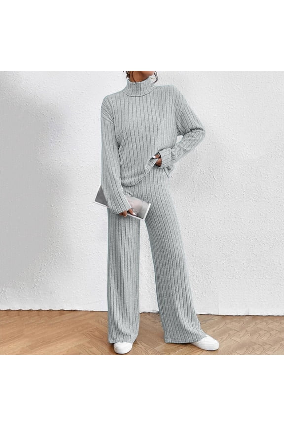 Women's Two Piece Knit Matching Outfits High Neck Slit Hem Tee And Pants Tracksuit Sets Female Suit Womens Summer Work Suits Ladies Suits for Party Suit Size Elegant Outfits for Women Girth Jumpsuit