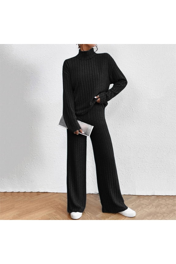 Women's Two Piece Knit Matching Outfits High Neck Slit Hem Tee And Pants Tracksuit Sets Female Suit Womens Summer Work Suits Ladies Suits for Party Suit Size Elegant Outfits for Women Girth Jumpsuit