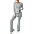 thumbnail image 1 of Women's Two Piece Knit Tracksuit - Crew Neck Tee & Wide Pants, Polyester Spandex, Slit Hem, Casual Matching Set, 1 of 4