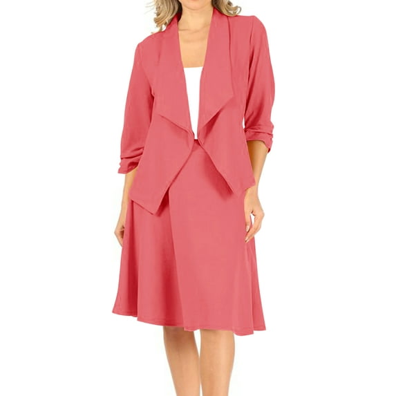 Women's Two-Piece Suit Set ? 3/4 Sleeve Fitted Blazer and Midi Skirt