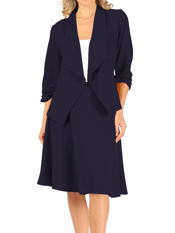 Women's Two-Piece Suit Set ? 3/4 Sleeve Fitted Blazer and Midi Skirt