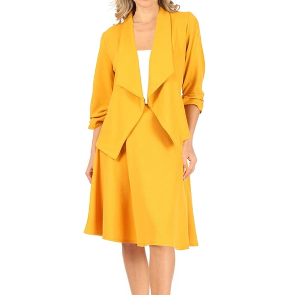 Women's Two-Piece Suit Set ? 3/4 Sleeve Fitted Blazer and Midi Skirt