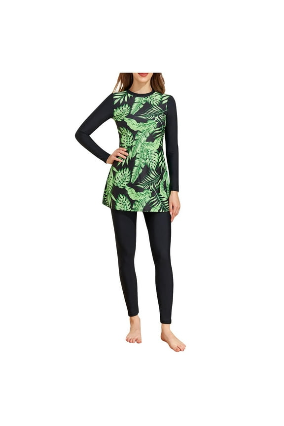 Women's Two Piece Long Sleeve Swim Shirt & Legging Set, Green Leaf Print Rash Guard Bathing Suit Outfit, Sun Protection Plus Size Swimsuit