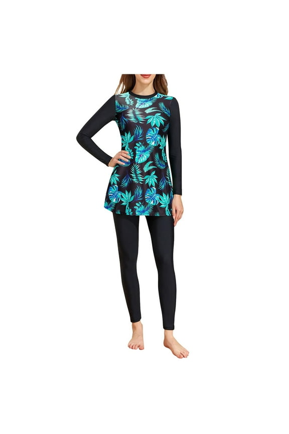 Women's Two Piece Long Sleeve Swim Shirt & Legging Set, Green Leaf Print Rash Guard Bathing Suit Outfit, Sun Protection Plus Size Swimsuit