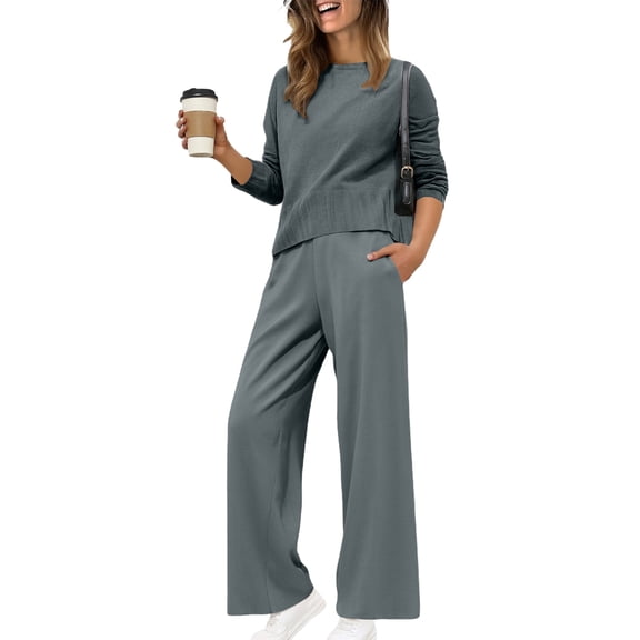 Women’s Two Piece Long Sleeve Top and Wide Leg Pants Set Relaxed Fit Soft Fabric Casual Lounge Outfit for Everyday Wear