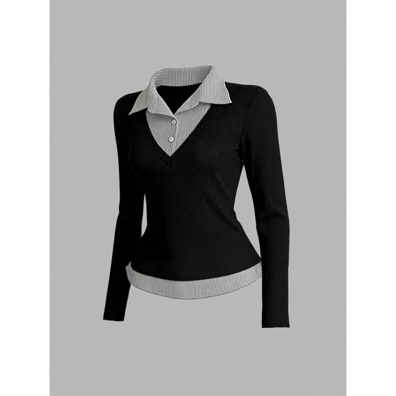 Women's Two Piece Look Polo Collar Knit Top V Neck Button Front Long Sleeve Fitted Waist Contrast Hem Elegant Minimalist for Office Commute & Smart Casual Occasions