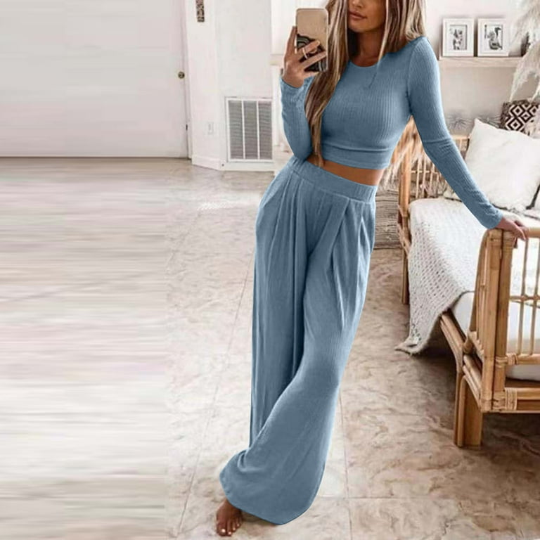 Women's Two Piece Lounge Set Long Sleeve Ribbed Knit Crop Top and Wide Leg  Pants Casual Loose Pajamas Sets Sweatsuit