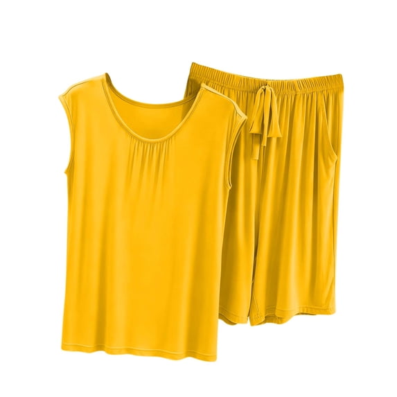 Women's Two Piece Lounge Set Short Sleeve Crew Neck Tops Drawstring Shorts Casual Loose Comfy Home Wear (XXL, Yellow)