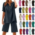 thumbnail image 1 of Women's Two Piece Lounge Set Summer Casual Oversized Shirts Biker Shorts Matching Airport Travel Outfit Loose Cotton Linen Short Sleeve Tops and Shorts Outwear Sets Gray S, 1 of 4