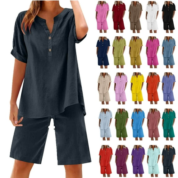 Women's Two Piece Lounge Set Summer Casual Oversized Shirts Biker Shorts Matching Airport Travel Outfit Loose Cotton Linen Short Sleeve Tops and Shorts Outwear Sets Gray S
