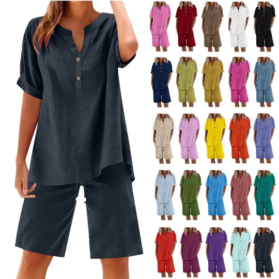 Women's Two Piece Lounge Set Summer Casual Oversized Shirts Biker Shorts Matching Airport Travel Outfit Loose Cotton Linen Short Sleeve Tops and Shorts Outwear Sets Gray 2XL