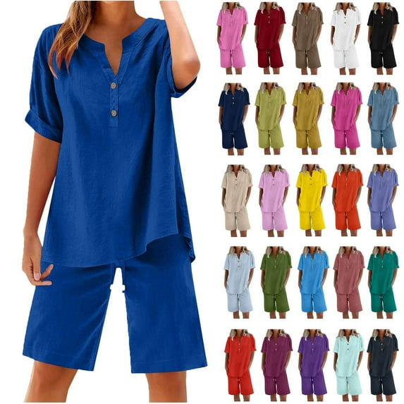 Women's Two Piece Lounge Set Summer Casual Oversized Shirts Biker Shorts Matching Airport Travel Outfit Loose Cotton Linen Short Sleeve Tops and Shorts Outwear Sets Great Gifts for Less Blue XL