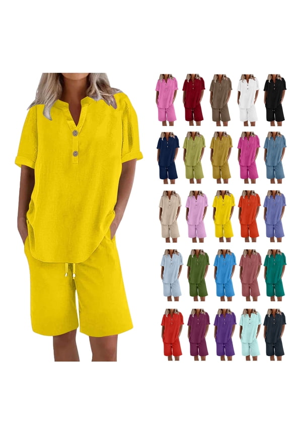 Women's Two Piece Lounge Set Summer Casual Oversized Shirts Biker Shorts Matching Airport Travel Outfit Loose Cotton Linen Short Sleeve Tops and Shorts Outwear Sets Gift for Girls Yellow XL