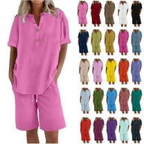 Women's Two Piece Lounge Set Summer Casual Oversized Shirts Biker Shorts Matching Airport Travel Outfit Loose Cotton Linen Short Sleeve Tops and Shorts Outwear Sets Pink M