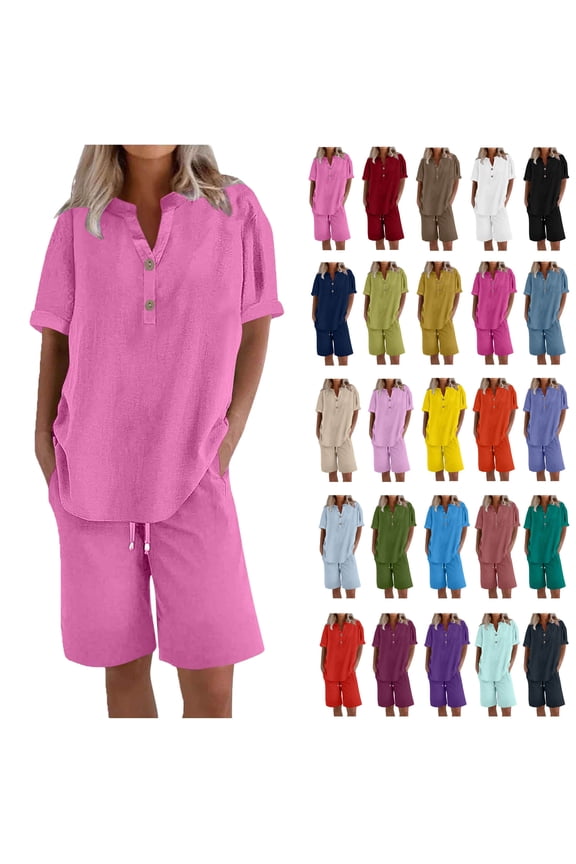 Women's Two Piece Lounge Set Summer Casual Oversized Shirts Biker Shorts Matching Airport Travel Outfit Loose Cotton Linen Short Sleeve Tops and Shorts Outwear Sets Pink M