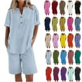 thumbnail image 1 of Women's Two Piece Lounge Set Summer Casual Oversized Shirts Biker Shorts Matching Airport Travel Outfit Loose Cotton Linen Short Sleeve Tops and Shorts Outwear Sets Gift for Girls Blue S, 1 of 4