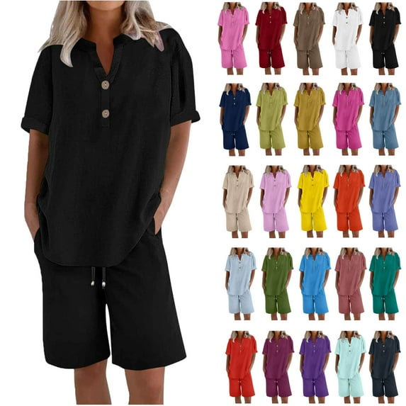 Women's Two Piece Lounge Set Summer Casual Oversized Shirts Biker Shorts Matching Airport Travel Outfit Loose Cotton Linen Short Sleeve Tops and Shorts Outwear Sets Great Gifts for Less Black 5XL