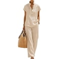 thumbnail image 1 of Women's Two Piece Lounge Set Summer Casual Shirts Shorts and Straight Leg Pants Matching Outfit Loose Cotton Linen Short Sleeve Tops and Shorts Outwear Travel Sets, 1 of 3