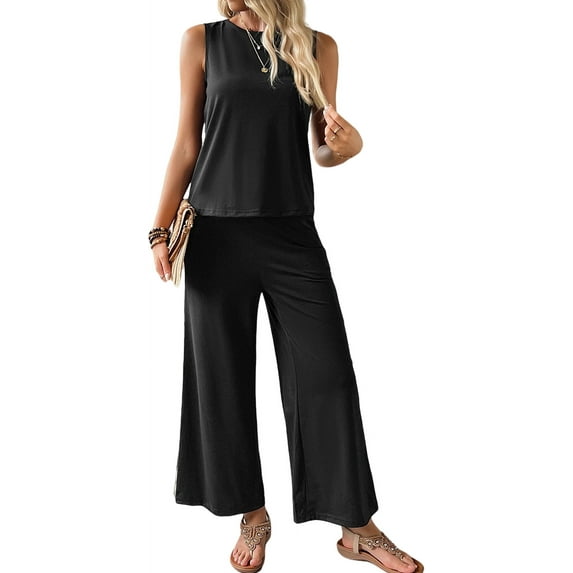 Women's Two-Piece Lounge Set Summer Beach Suit Vacation Travel Going Out Outfit Sleeveless Tank Vest Top High Waist Wide Leg Pants Sexy Leisure Set Black