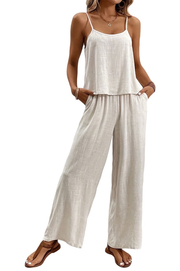 Women's Two-Piece Lounge Set Summer Travel Beach Vacation Suits Solid Sleeveless Cami Top High Waist Wide Leg Pants Casual Leisure Suit Outfit Beige