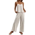 thumbnail image 1 of Women's Two-Piece Lounge Set Summer Travel Beach Vacation Suits Solid Sleeveless Cami Top High Waist Wide Leg Pants Casual Leisure Suit Outfit Beige, 1 of 7