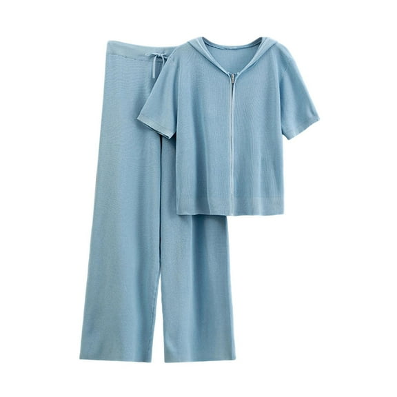 Women's Two Piece Lounge Sets Knit Set with Zip Up Short Sleeve Hoodie Wide Leg Pants Blue Free Size