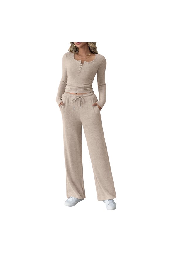 Women's Two-Piece Matching Loungewear Set, Stylish Suit, Sweater Top and Wide-Leg Pants Tracksuit, Elegant and Comfortable Home Wear,Khaki,L