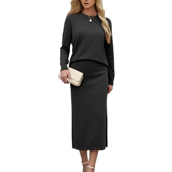 Women's Two Piece Matching Sweater Sets Knit Long Sleeve Pullover Tops Bodycon Mid Long Skirts Fall Outfits