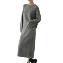 Women's Two Piece Matching Sweater Sets Knit Long Sleeve Pullover Tops Bodycon Mid Long Skirts Fall Winter Outfits