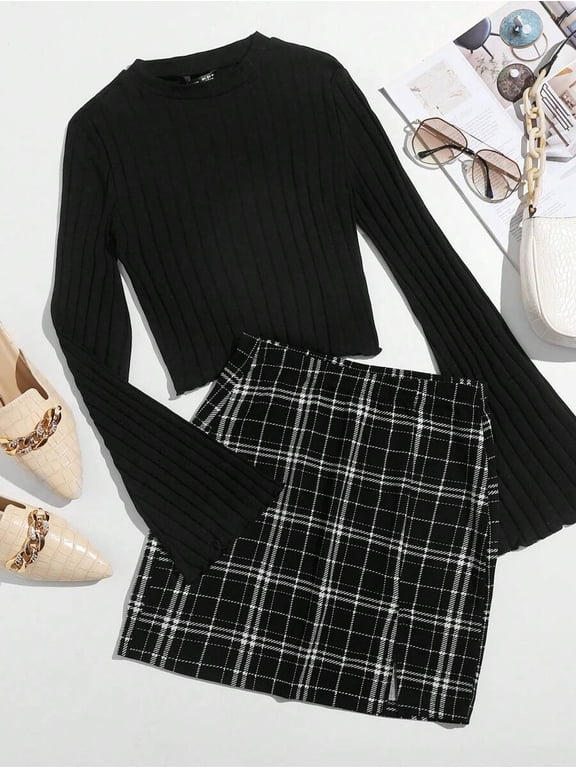 Women's Two Piece Outfit, Bell Sleeve Crop Top and Slit Hem Plaid Skirt Set