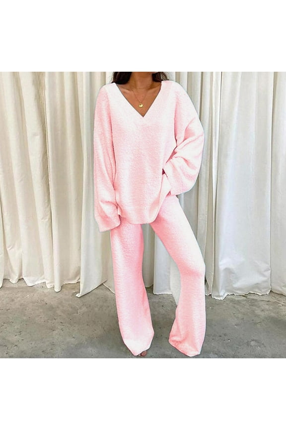 Women's Two-Piece Outfit Cotton Pajamas for Women Set Long Sleeve Solid Color Top Pants Suit V-Neck Sweatsuit (Pink L)