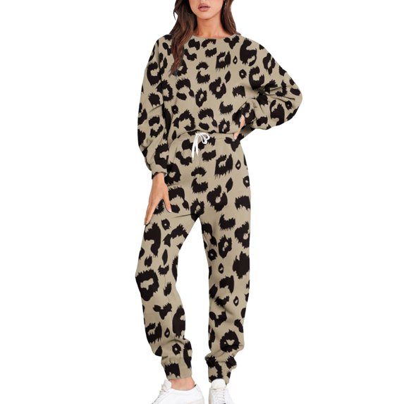 Women's Two Piece Outfit Long Sleeve Printed Pullover Drawstring Long Pants Tracksuit Jogger Fall Set Sportswear (XX-Large, Coffee 01)