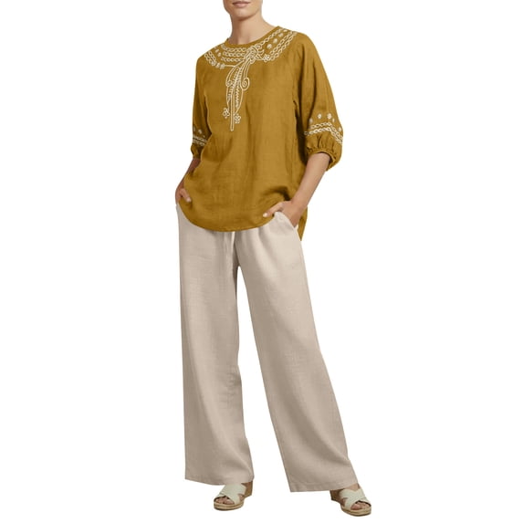 Women's Two Piece Outfit Set Embroidered Linen Blended 3/4 Sleeve Bohemian Top and Wide Leg Pants for Women Daily
